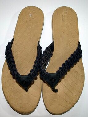 Sperry Top-Sider Womens 7.5M Seabrook Black Braided Woven Leather Flip Flops